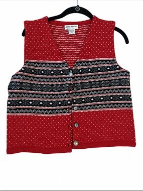 Vintage Eddie Bauer 100% Lambswool Fair Isle Sweater Vest Petite XS Red